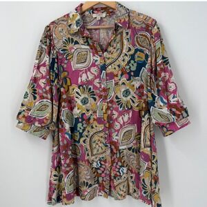 Umgee USA Pink Paisley Floral Button Down Tunic Top 3/4 Puff Sleeve B8517 Small